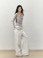 Printed Mesh Contrast-colored Long-sleeve T-shirt