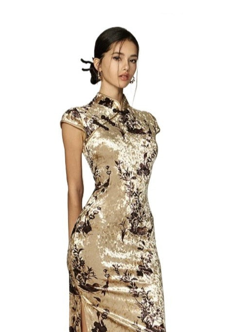 Khaki Velvet Printed Qipao Dress