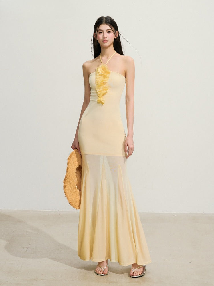 Yellow Floral Halter Waist Dress