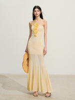 Yellow Floral Halter Waist Dress