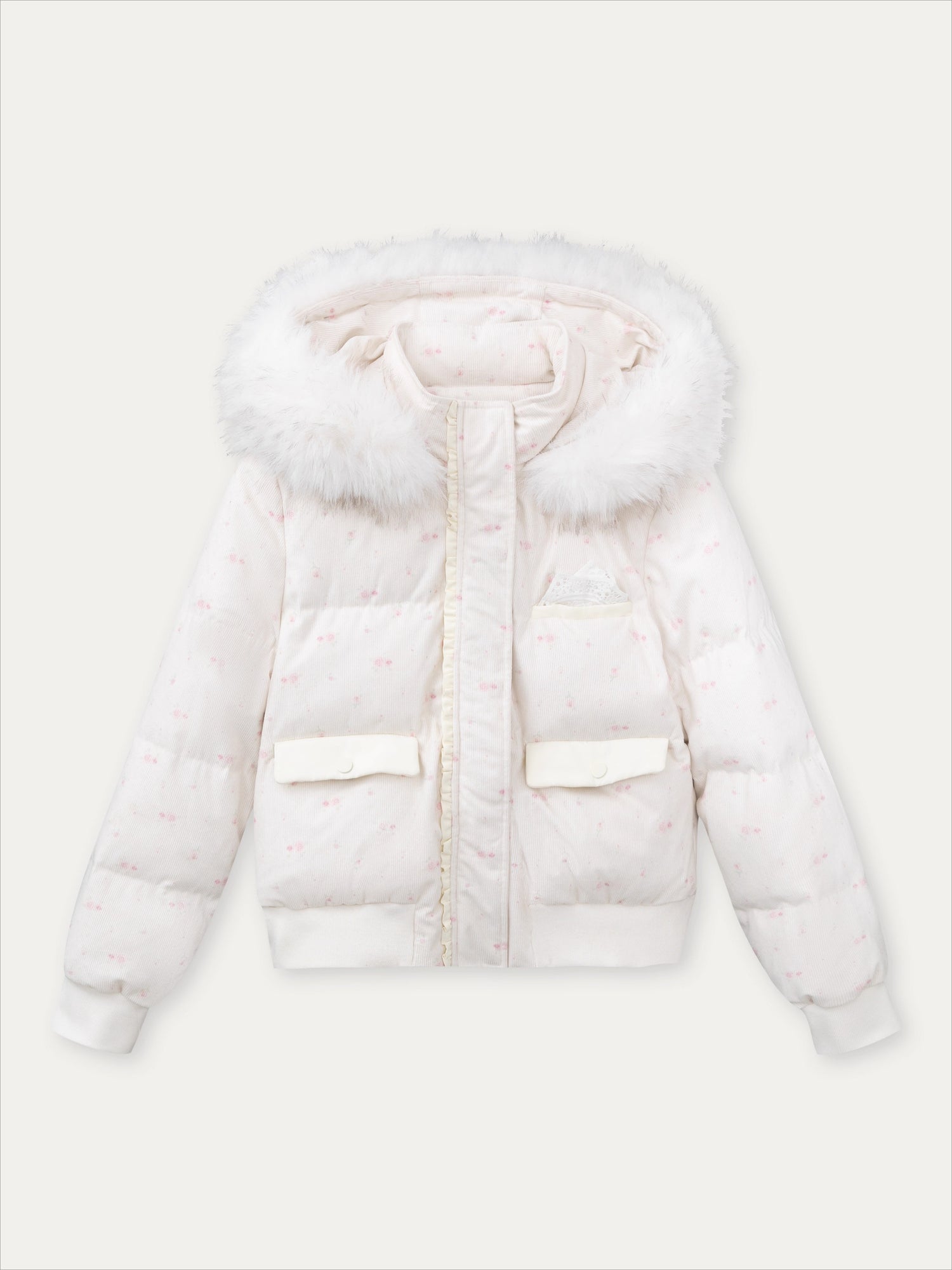 Plaid Floral Faux-Fur Down Jacket