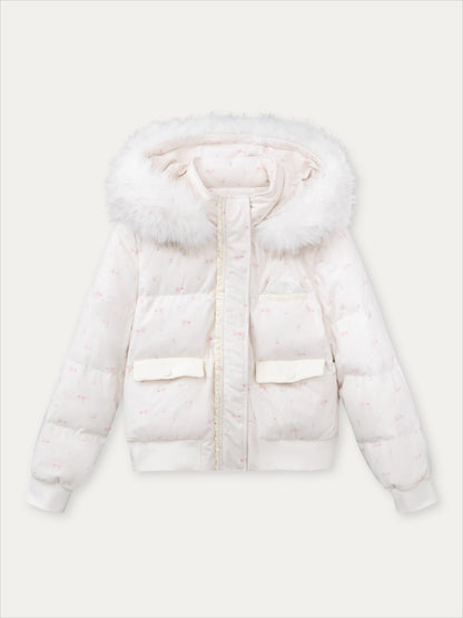 Plaid Floral Faux-Fur Down Jacket