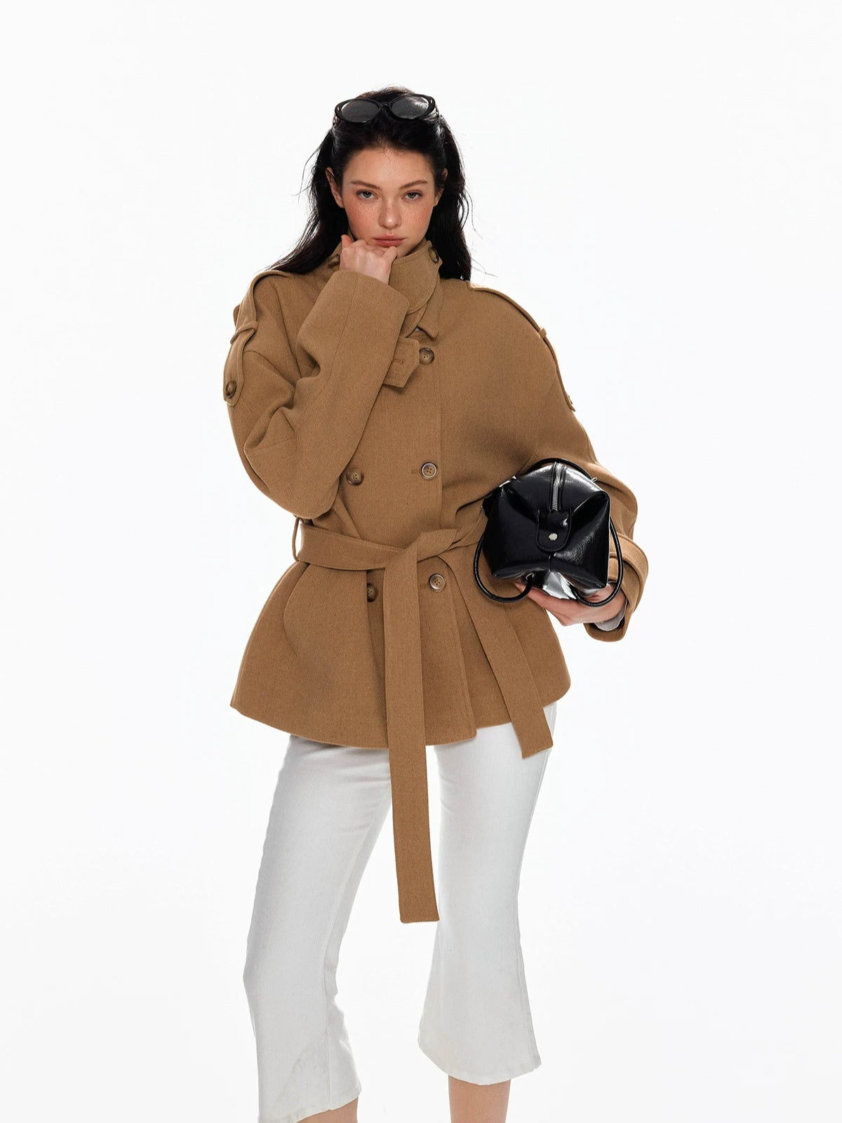 Wool Double Breasted Belted Short Coat