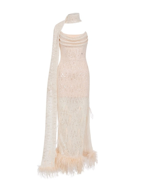 Diamond Sequin Ostrich Feather Strapless Dress