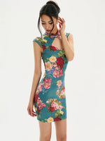 Floral Velvet Mandarin Collar Qipao Dress