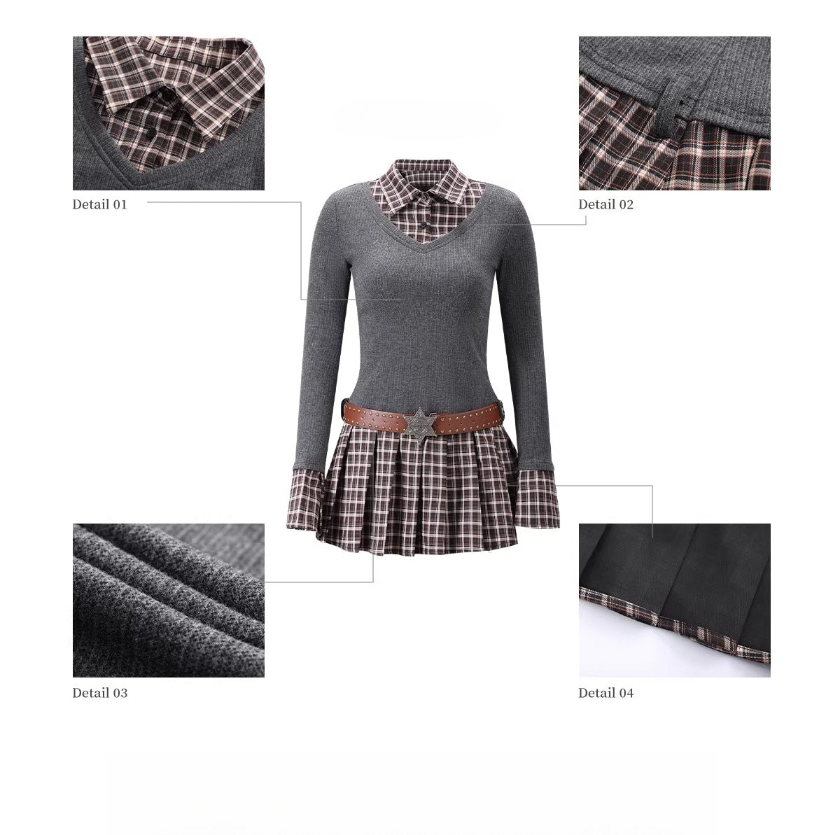 Gray Plaid Knit Midi Dress