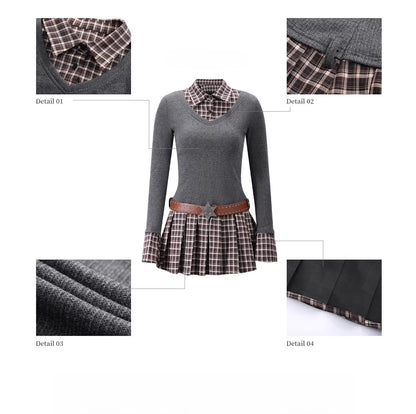 Gray Plaid Knit Midi Dress