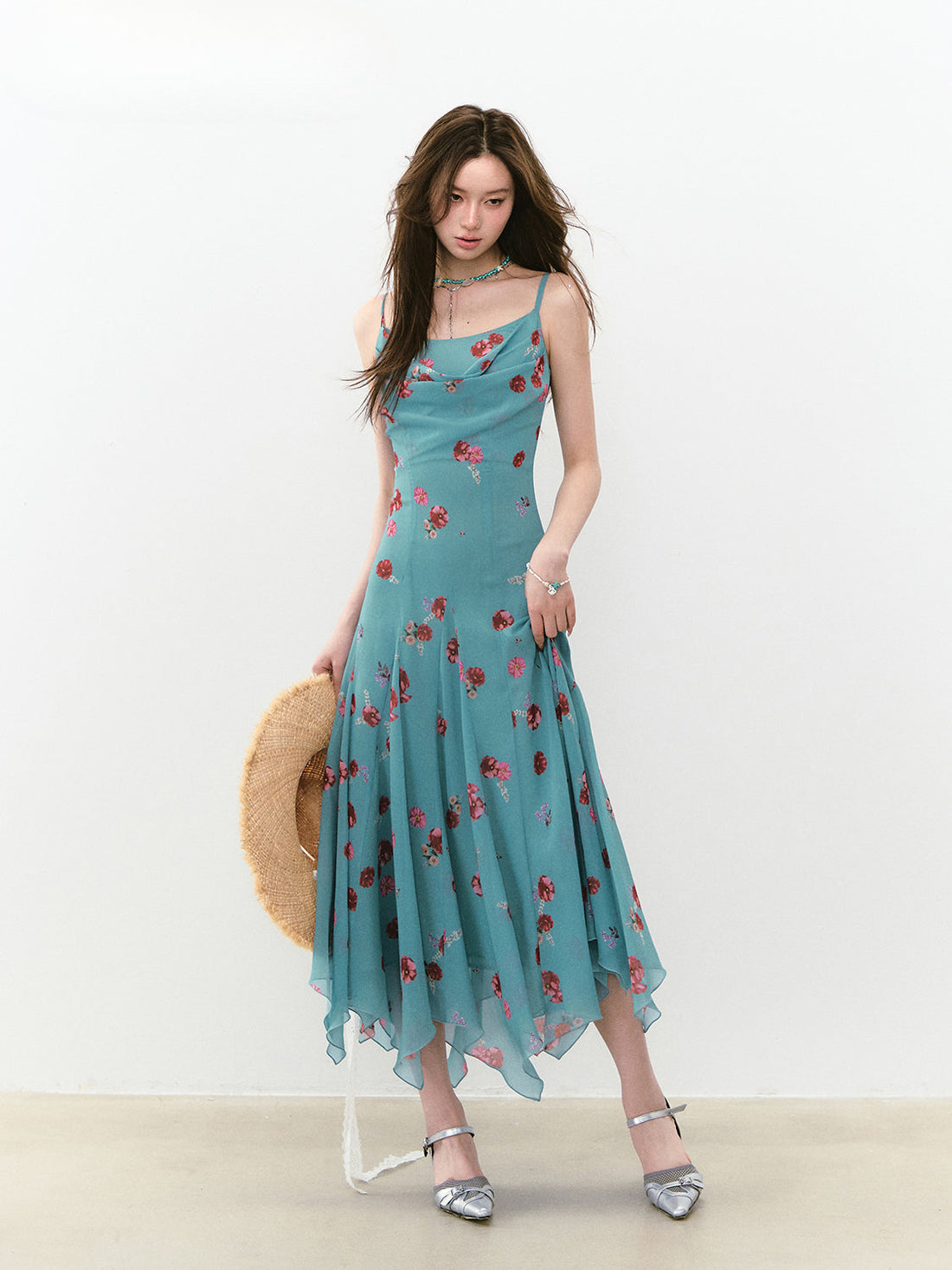 Flowing Flower Waist-cinched Cowl-neck Dress