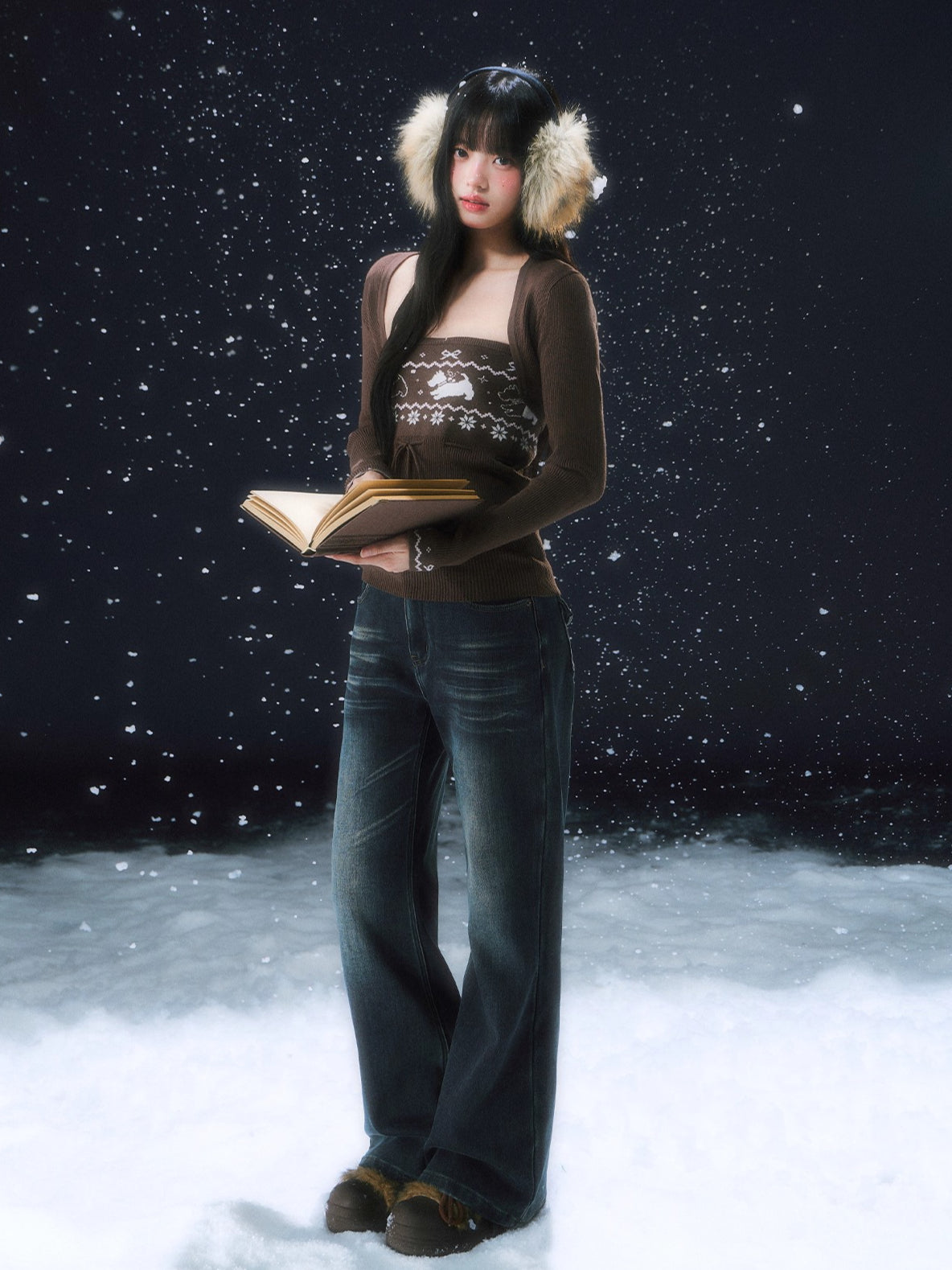 Navy Blue Retro Fleece-lined Flare Pants