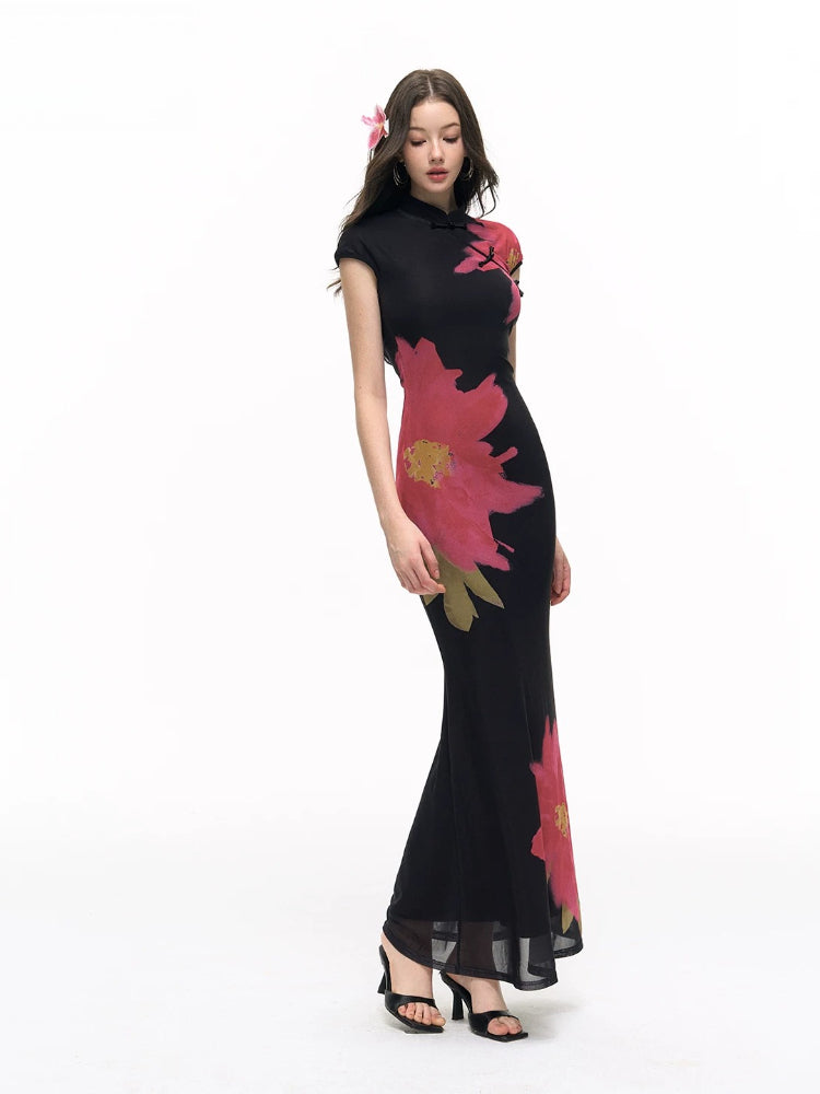Black Floral Qipao Dress