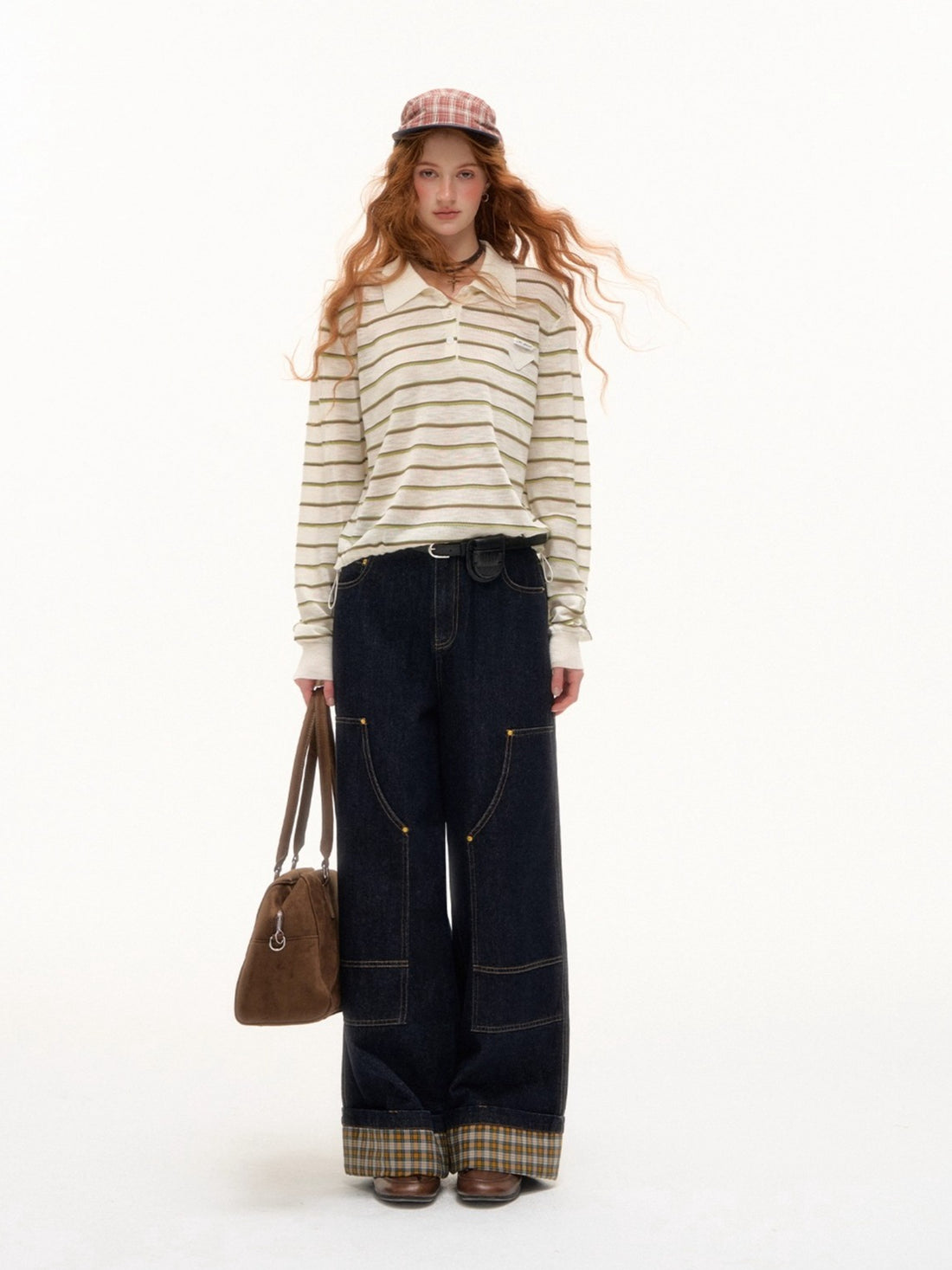 Yellow & Red Plaid Hem Denim Pants