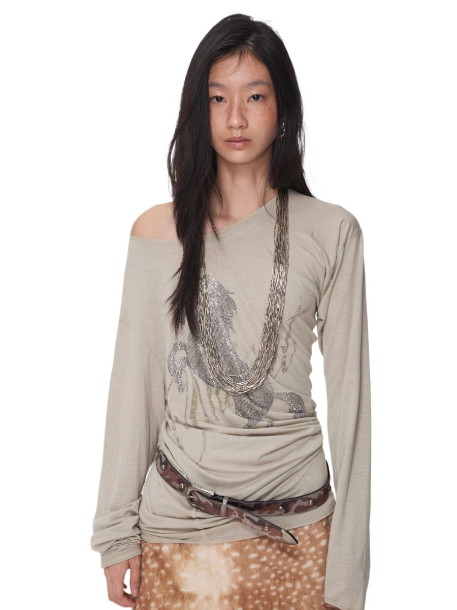 Rhinestone Embellished Asymmetric Drape T-shirt