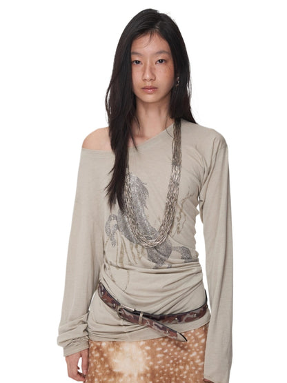 Rhinestone Embellished Asymmetric Drape T-shirt