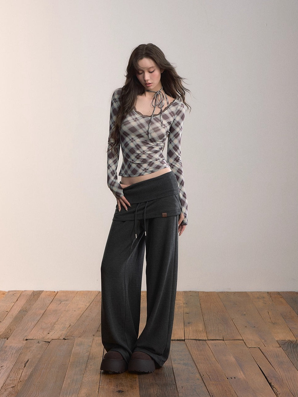 Plaid Tie-Up Neck Long-Sleeve T-shirt