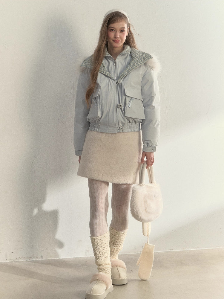 “Flowing Glacier” Patchwork Down Jacket with Fur Collar