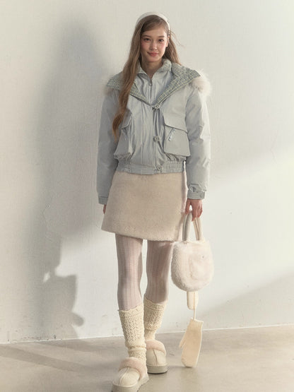 “Flowing Glacier” Patchwork Down Jacket with Fur Collar
