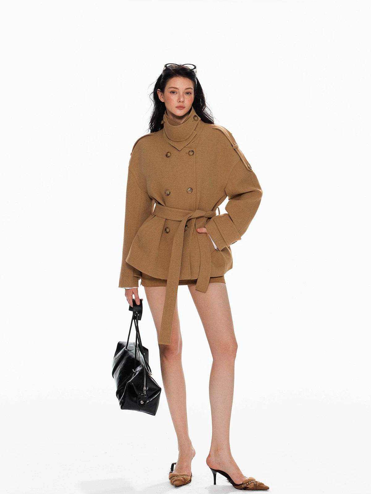 Wool Double Breasted Belted Short Coat