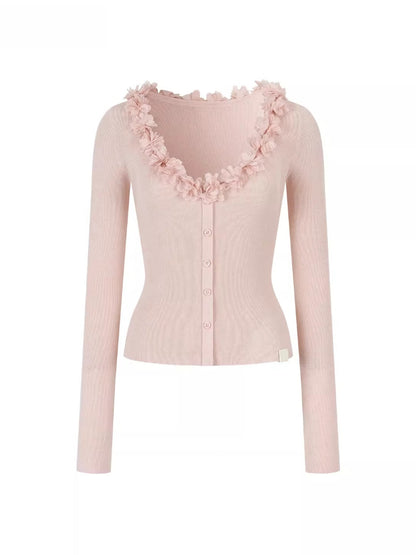 Ruffle V-Neck Knit Cardigan