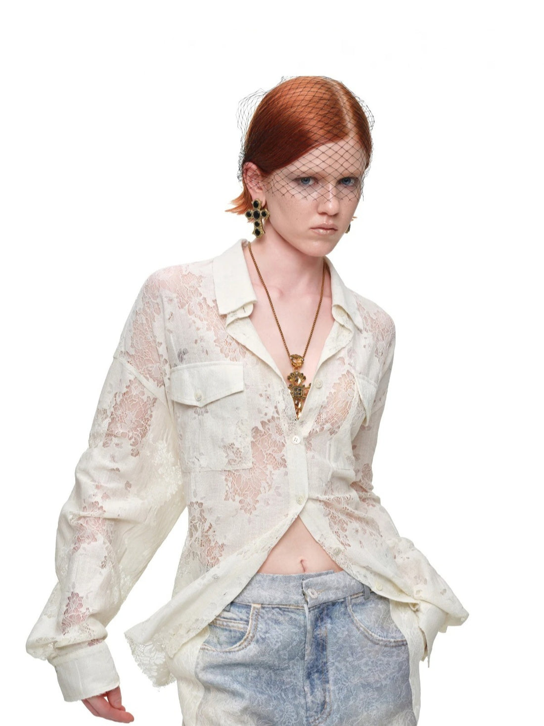 Lace Belted Sheer Shirt
