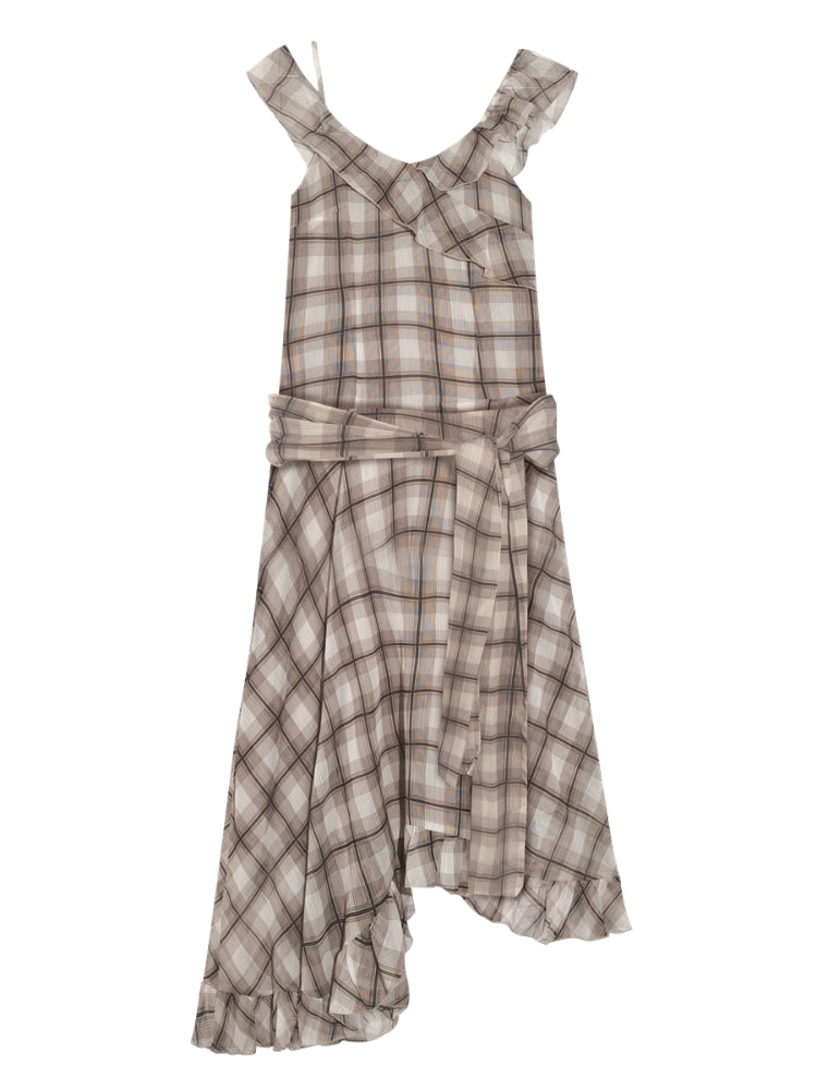 Checkered Print Asymmetrical Slip Dress