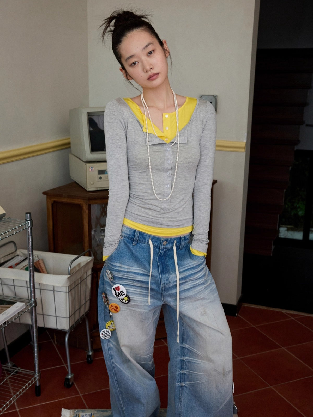 Contrast Layered Henley Blouse