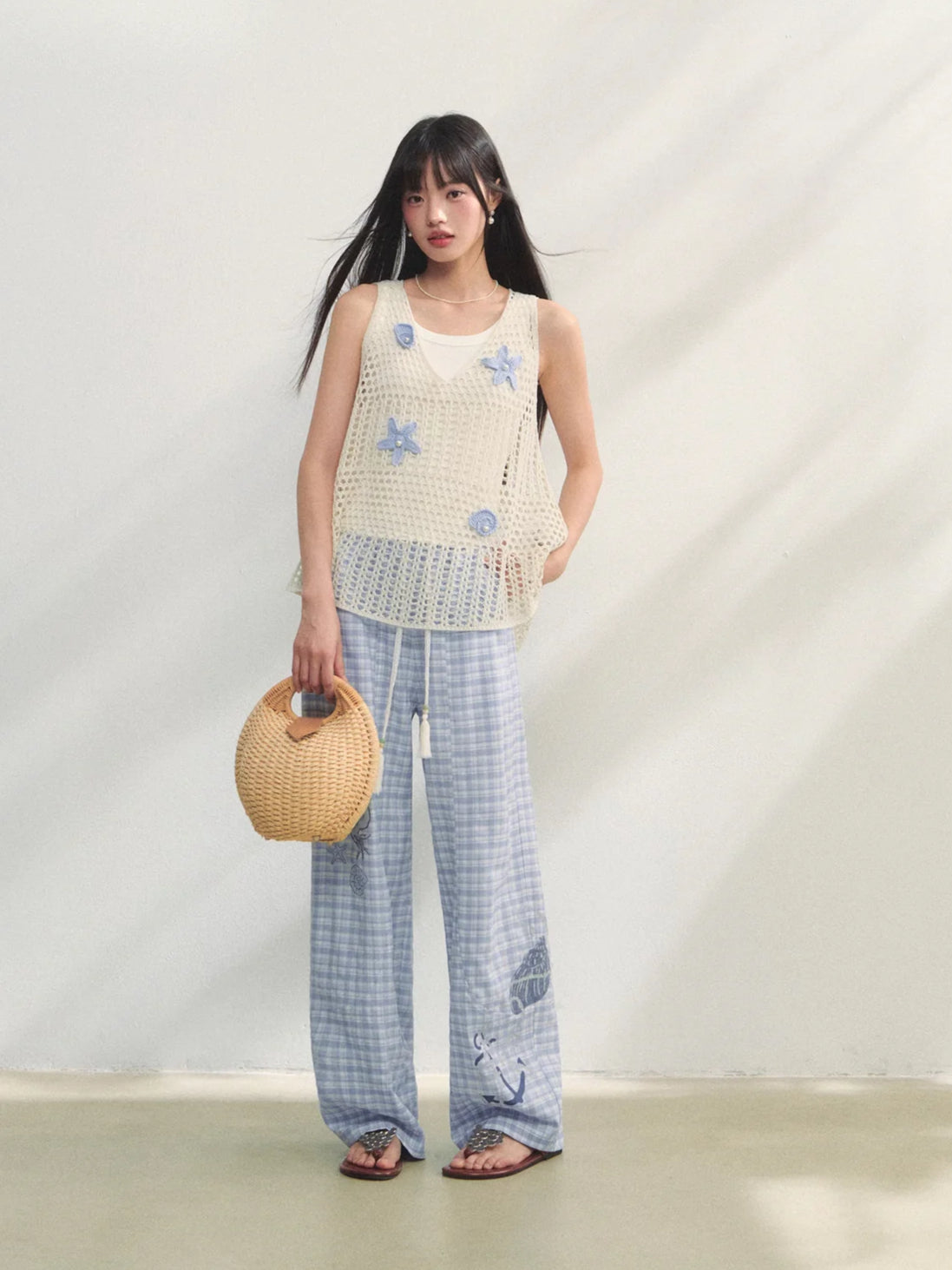 Checkered Print High-Waist Tie Pants