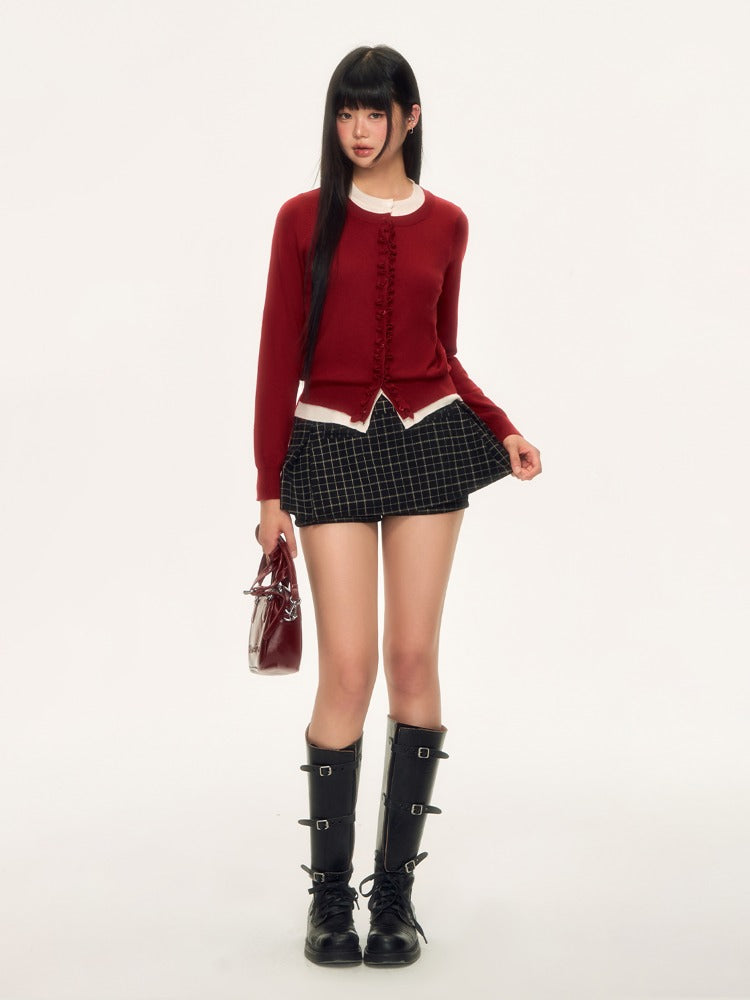Red Layered Ruffle Trim Knit Pullover