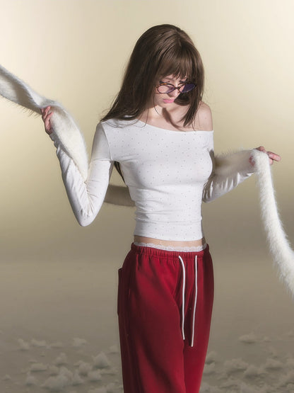 White Rhinestone Knit Off-Shoulder Slim-Fit T-Shirt