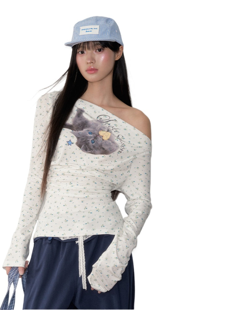 Floral Cat V-Neck Slim Tee