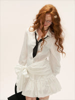 White Textured Bow Detail Shirt Dress