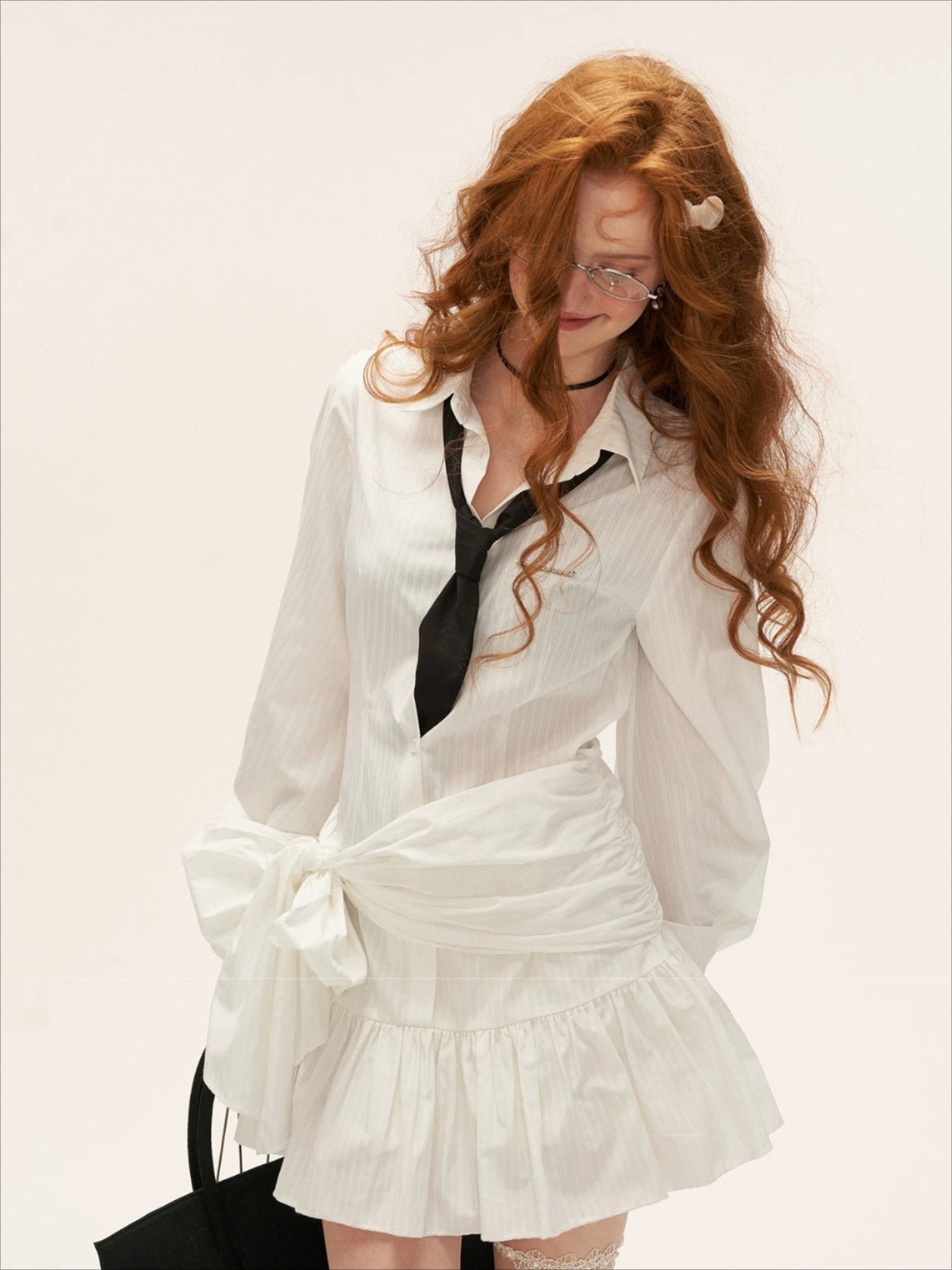 White Textured Bow Detail Shirt Dress