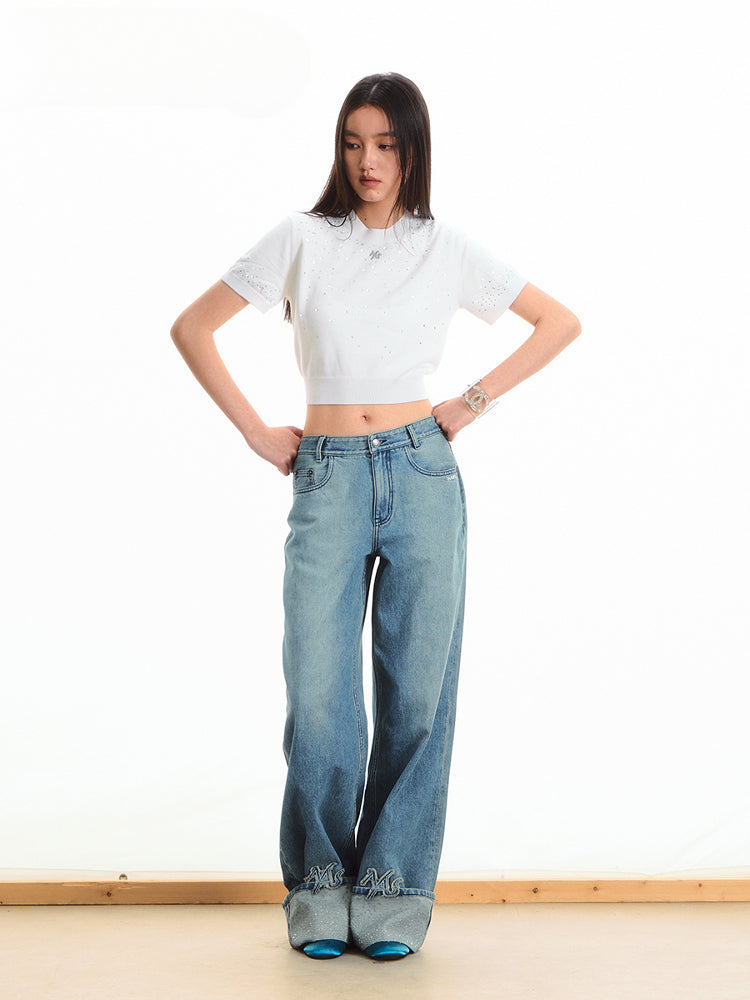 Gradient Rhinestone Shoulder Short-Sleeve T-shirt