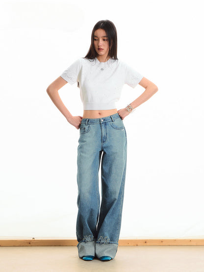 Gradient Rhinestone Shoulder Short-Sleeve T-shirt