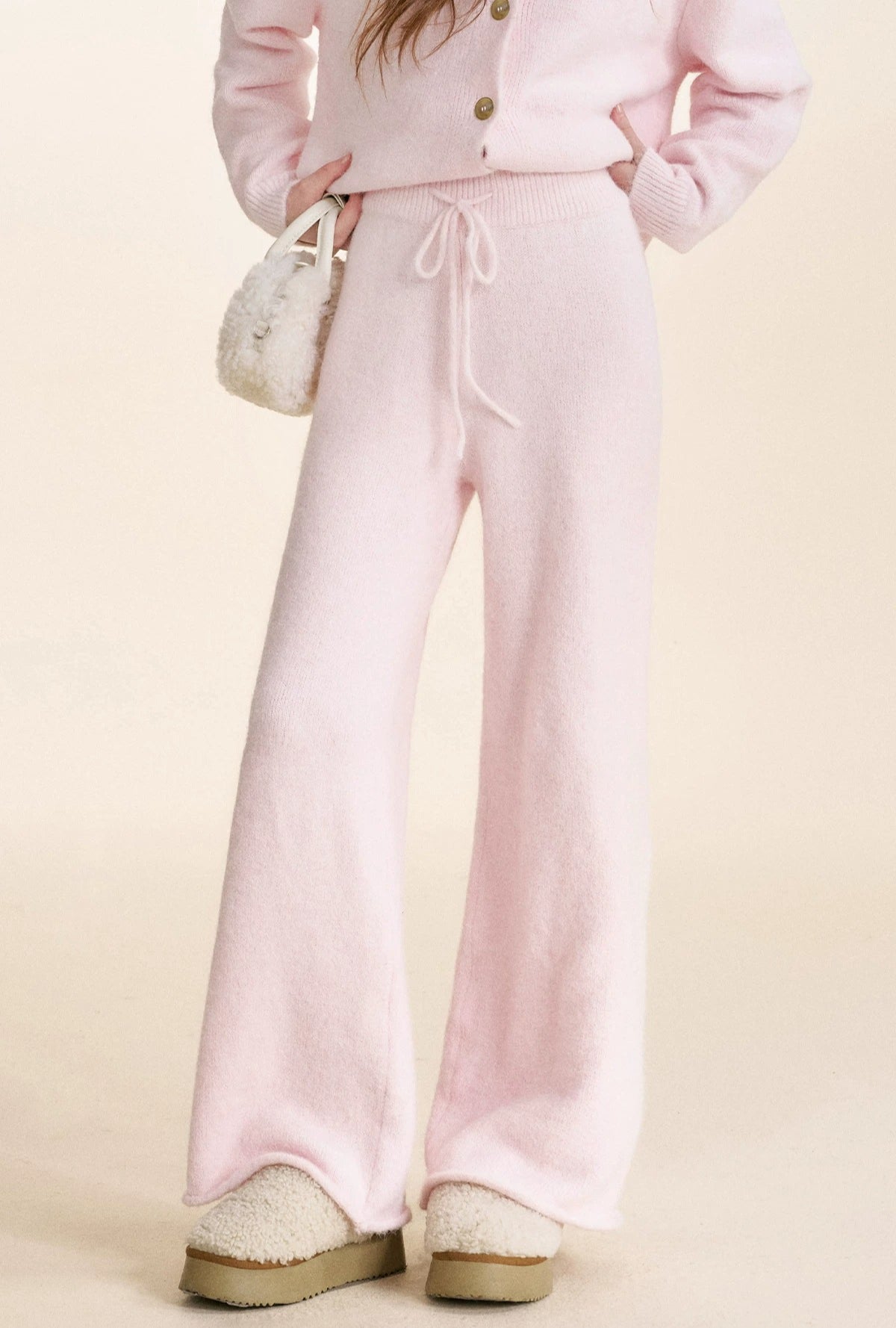 Pink Knit Turn-Down Collar Cardigan Set