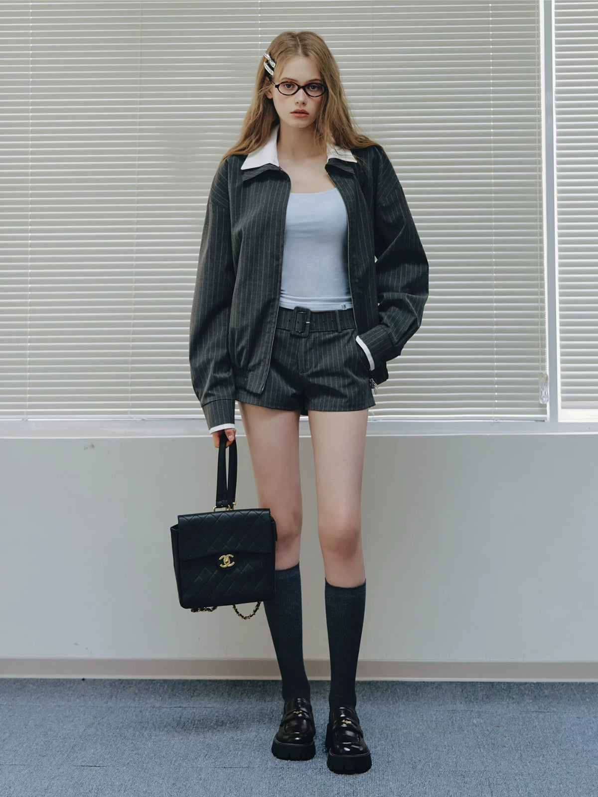 Spliced Jacket &amp; Striped Suit Shorts Set