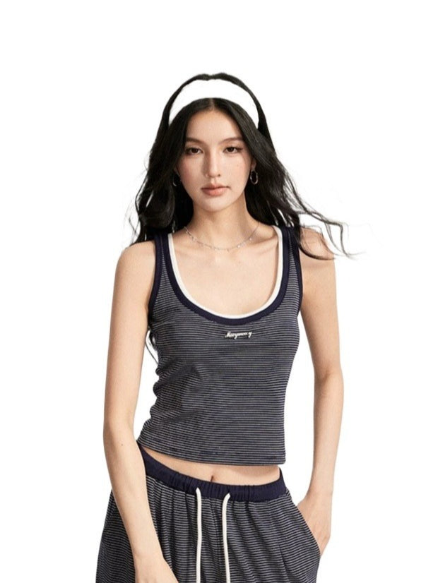 Navy &amp; Gray Striped Tank Pants Set