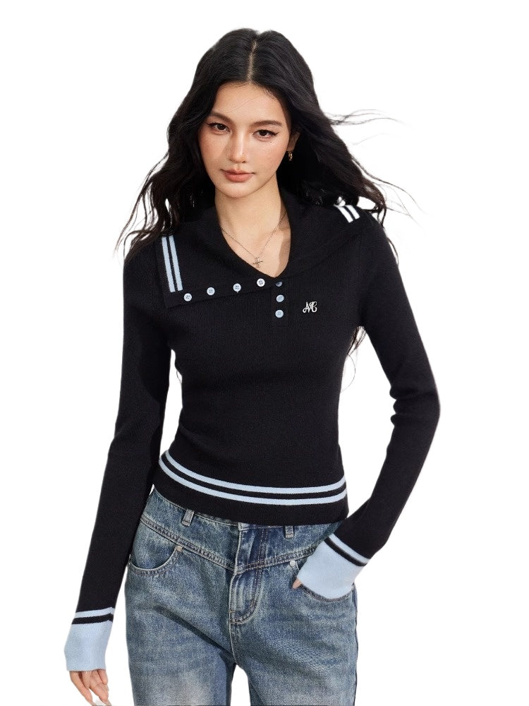 Black Asymmetric Colorblock Button-up Sweater