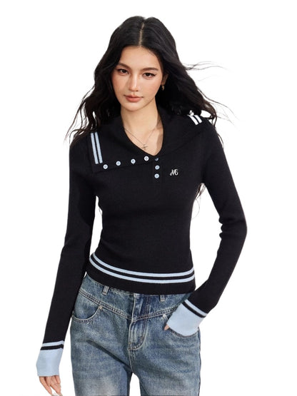 Black Asymmetric Colorblock Button-up Sweater