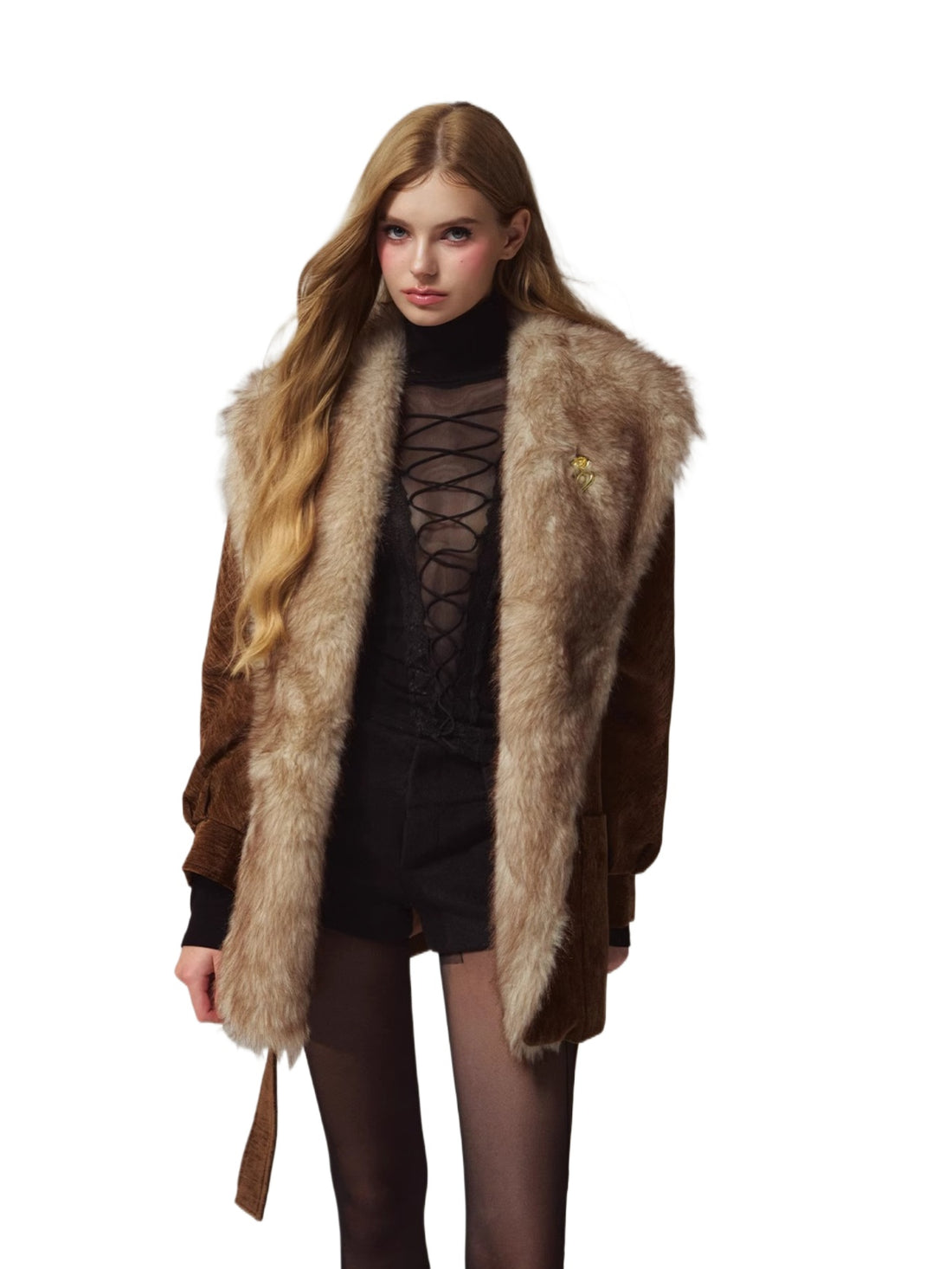 Vintage Fur Collar Patchwork Corduroy Jacket