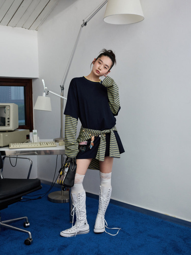 Fake Two-Piece Contrast Color Loose Striped T-Shirt