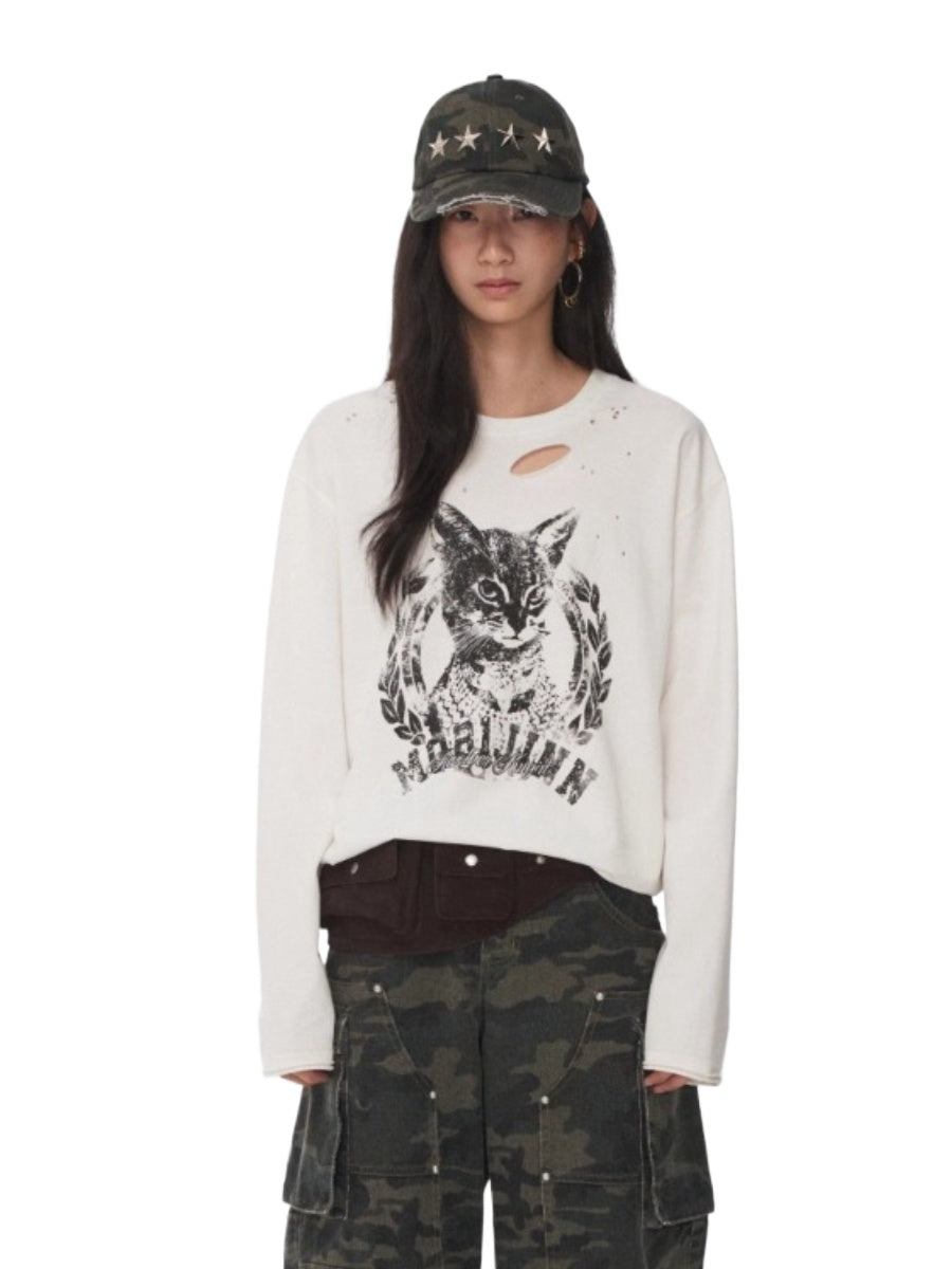 Distressed Cat Graphic Long Sleeve Cotton T-shirt