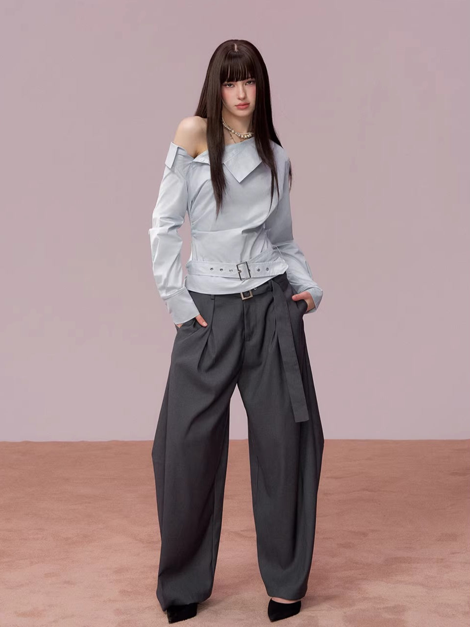 Asymmetrical Ruched Belt Shirt
