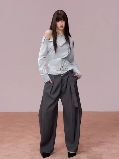 Asymmetrical Ruched Belt Shirt