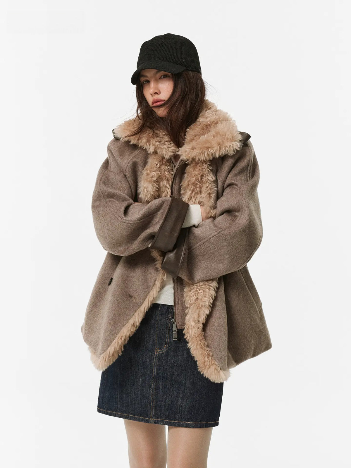Faux Shearling Collar Wool Coat