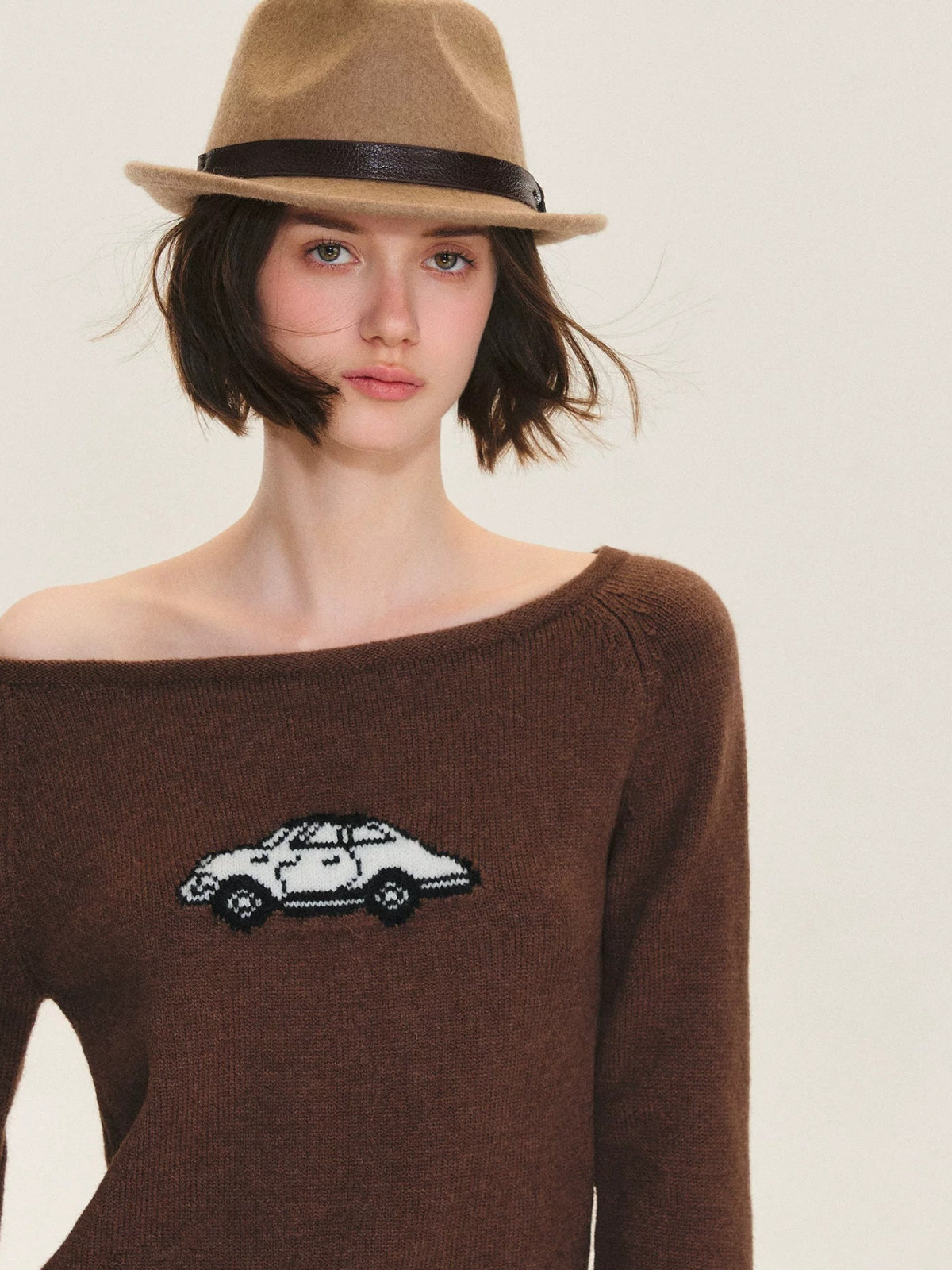 Car Motif Off Shoulder Sweater