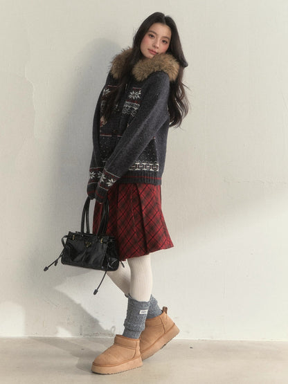 Fair Isle Dog Fur-Collar Cardigan