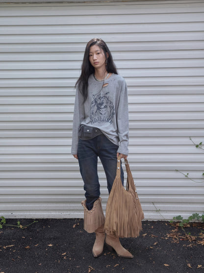 Distressed Cat Graphic Long Sleeve Cotton T-shirt