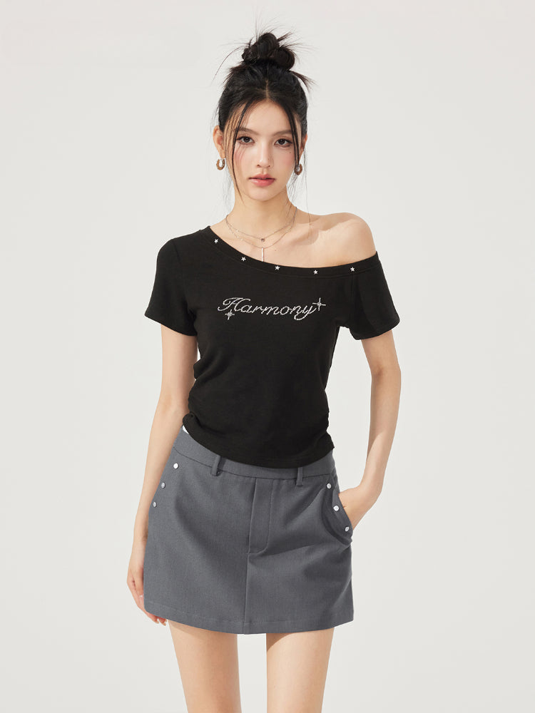 High-Elasticity Star-Studded Diagonal Shoulder T-Shirt