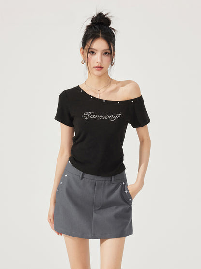 High-Elasticity Star-Studded Diagonal Shoulder T-Shirt