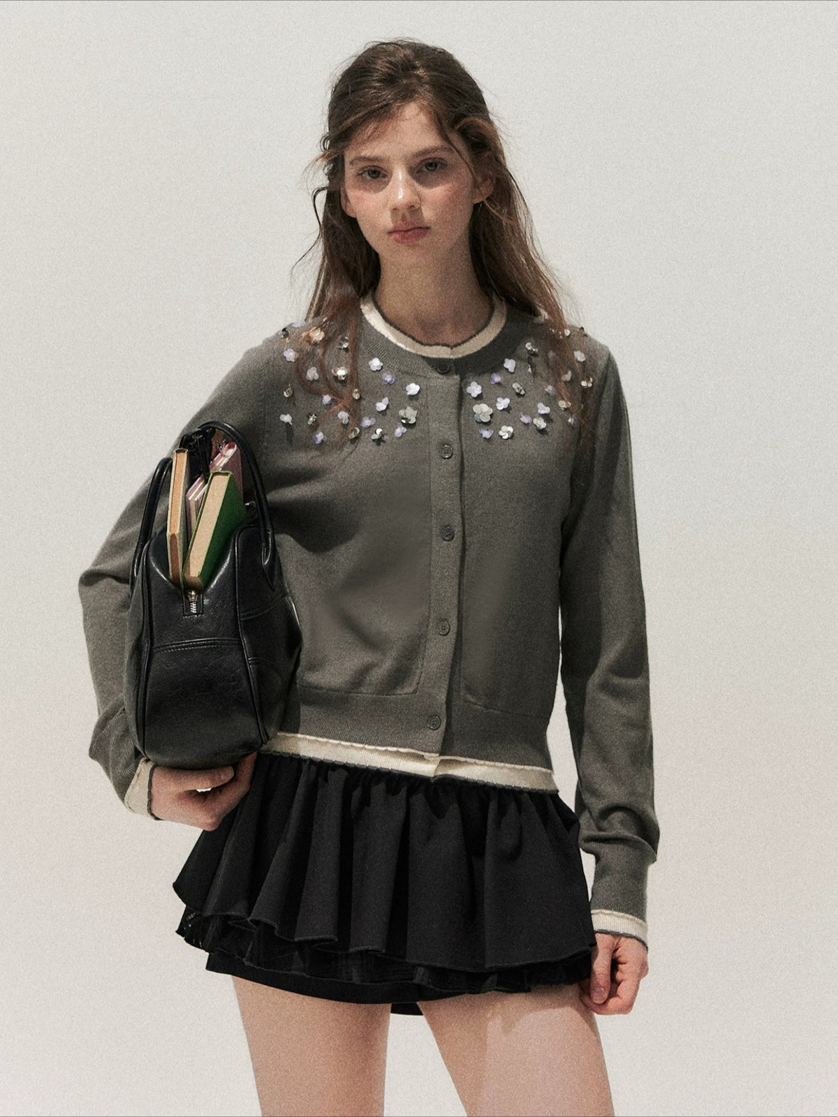 Beaded Contrast Knit Sweater